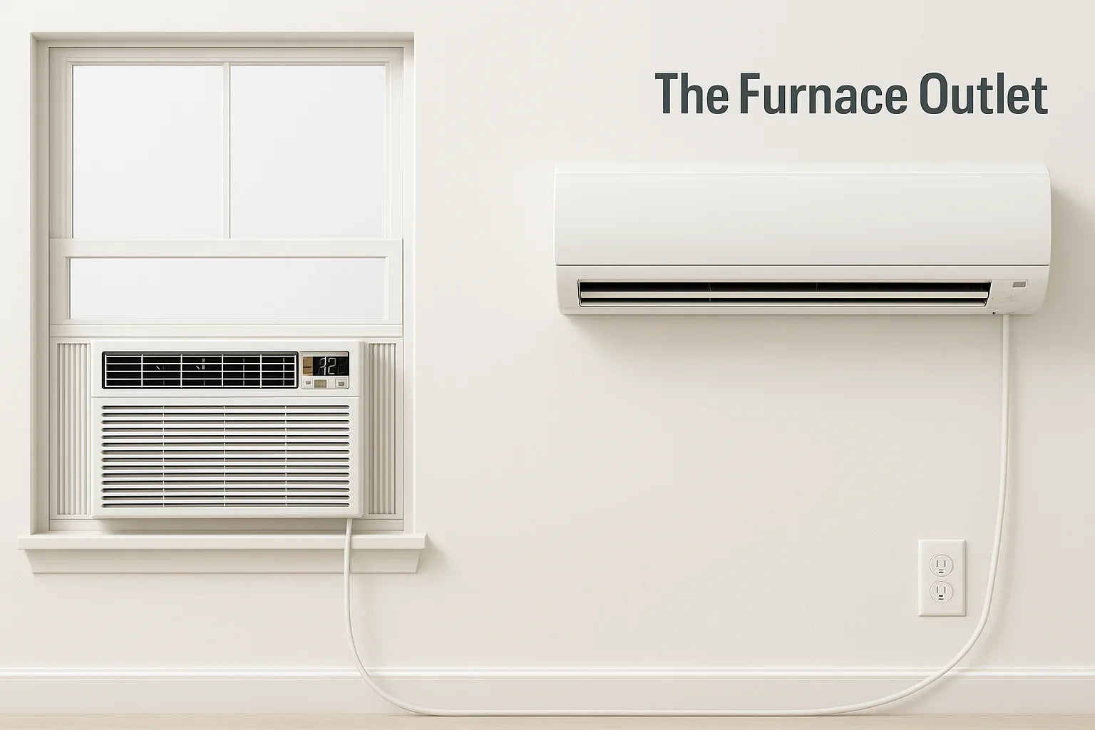  A window AC and wall AC unit plugged into outlets on a clean white wall with The Furnace Outlet branding.