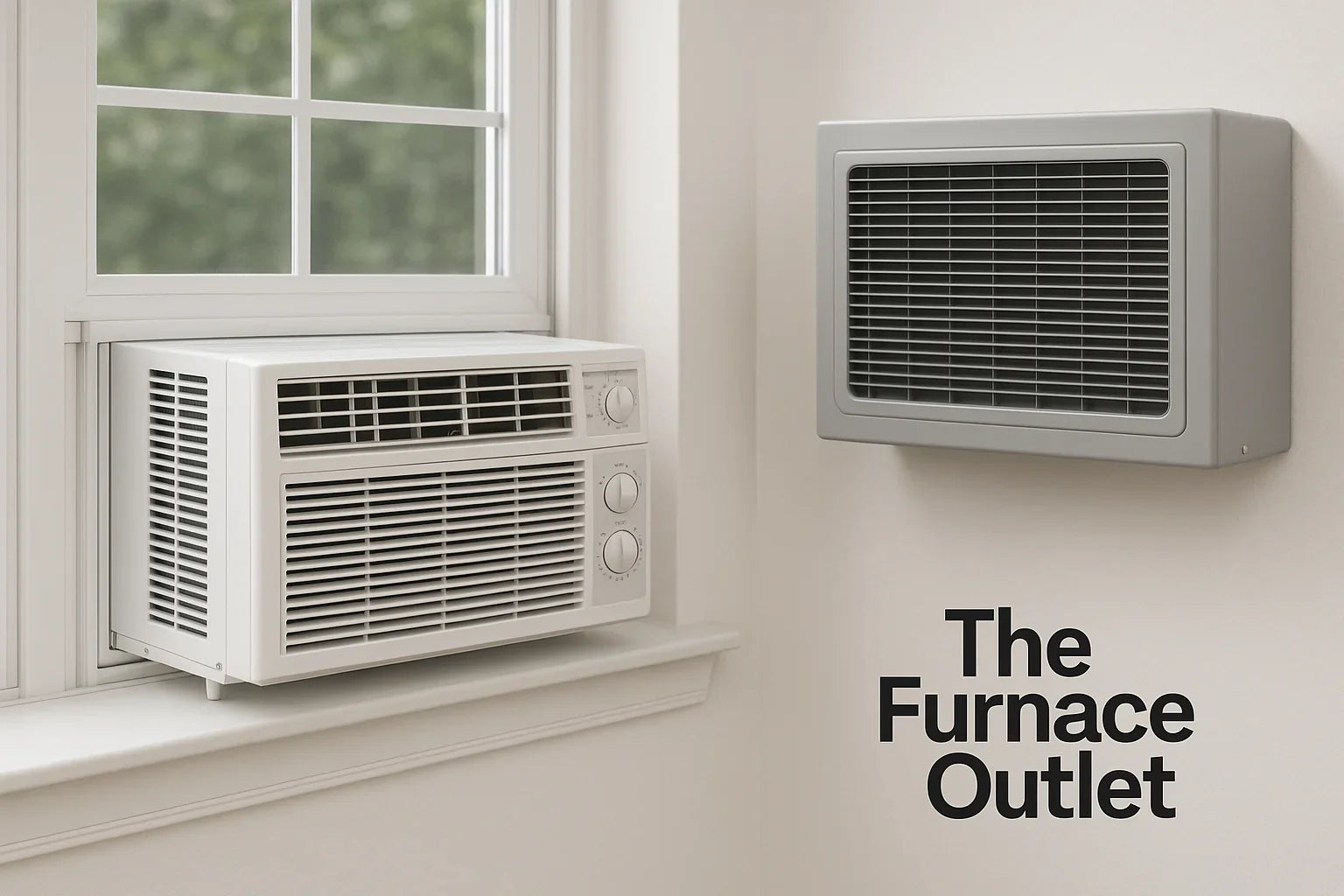 A window air conditioner and a wall-mounted air conditioner side by side in a bright home.