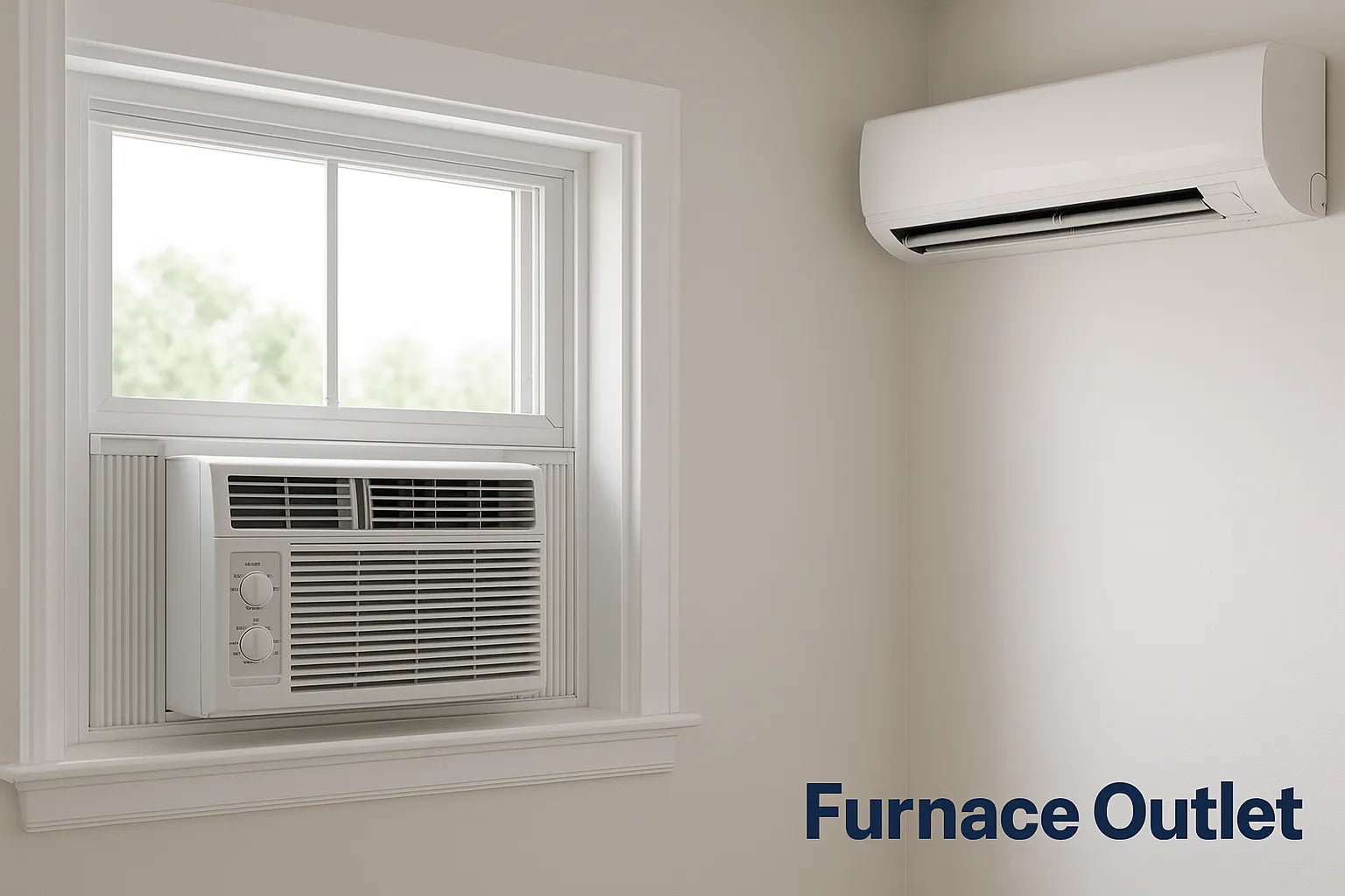 A window air conditioner and a wall mounted unit in a bright neutral room with Furnace Outlet branding.