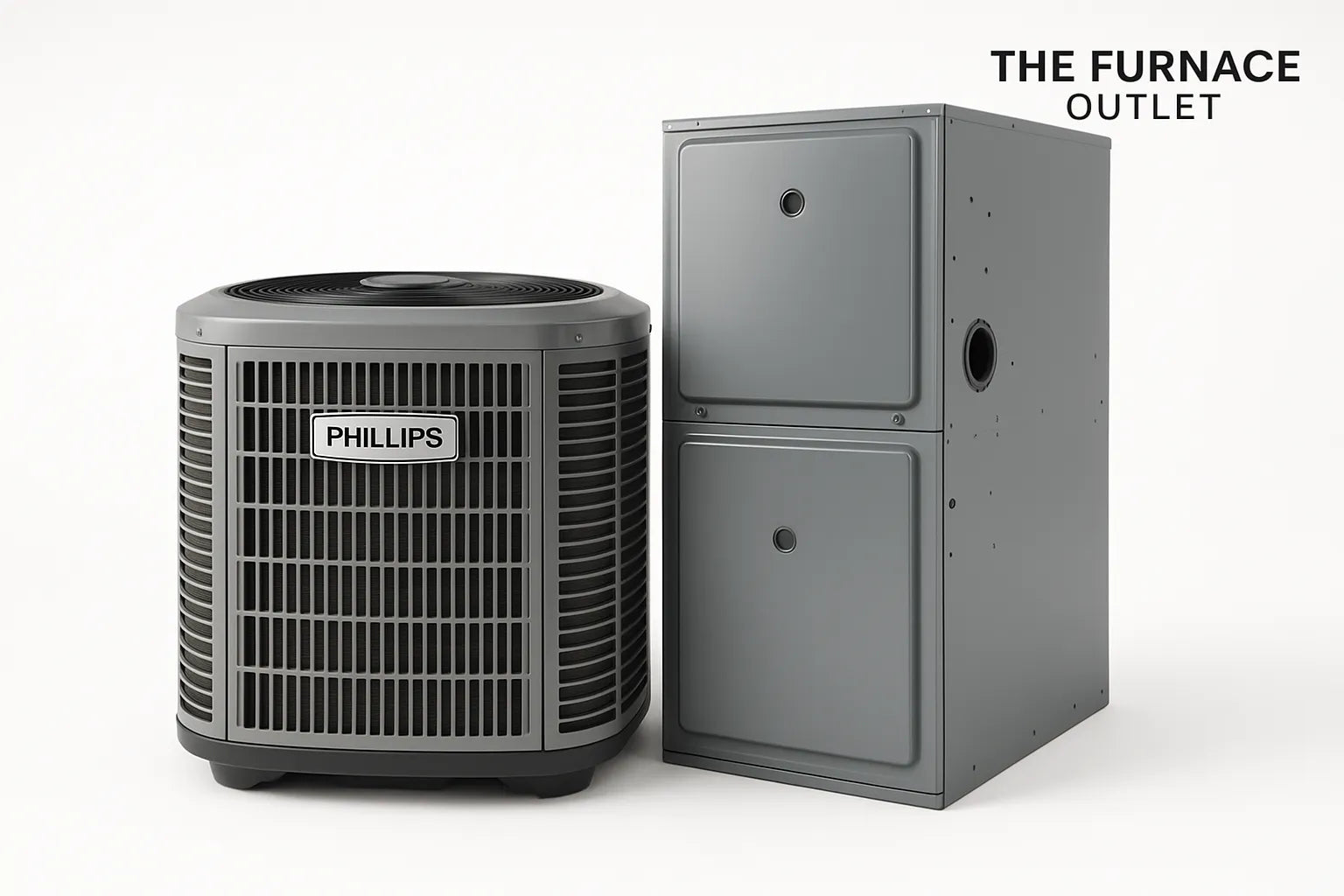 Air conditioner unit and furnace side by side on a clean white background with The Furnace Outlet logo.