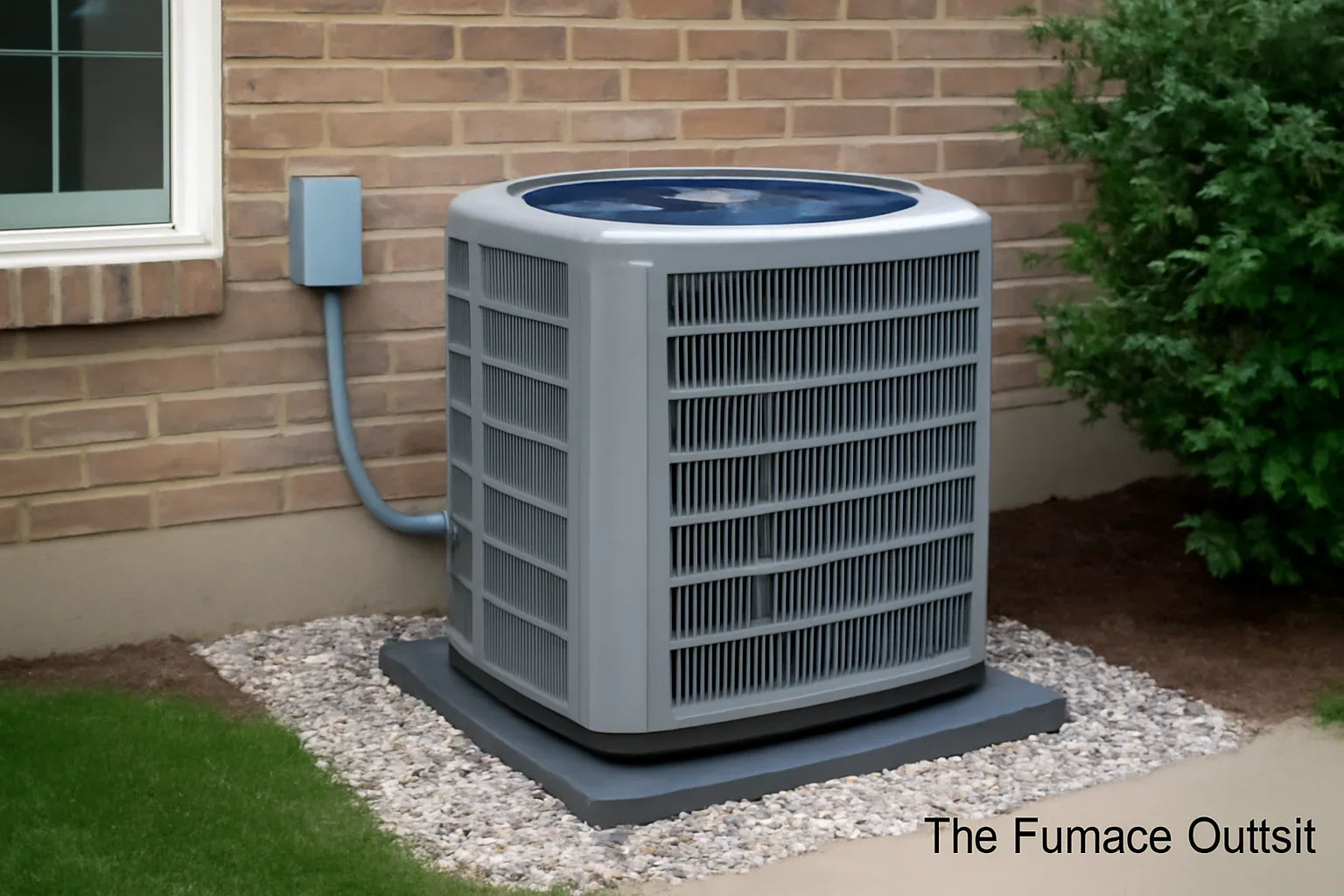 Air conditioning unit outside a brick home with soft natural lighting, framed by greenery, and the 'The Furnace Outlet' logo placed at the bottom corner.
