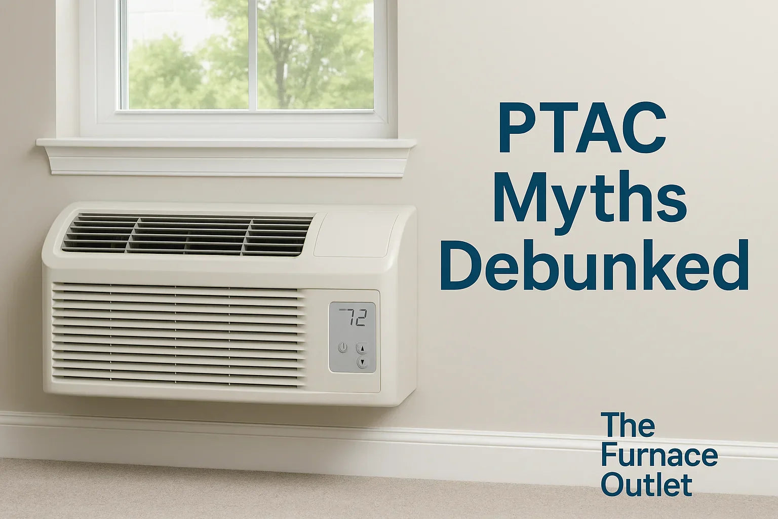 Beige PTAC unit under a window with thermostat display and bold text debunking PTAC myths.