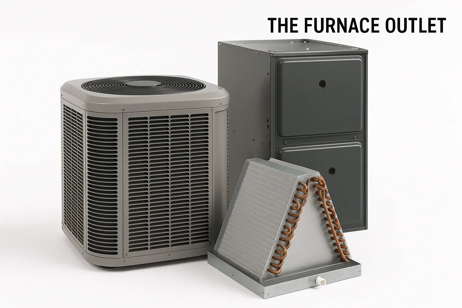 Central AC system with outdoor condenser indoor furnace and evaporator coil displayed on white background
