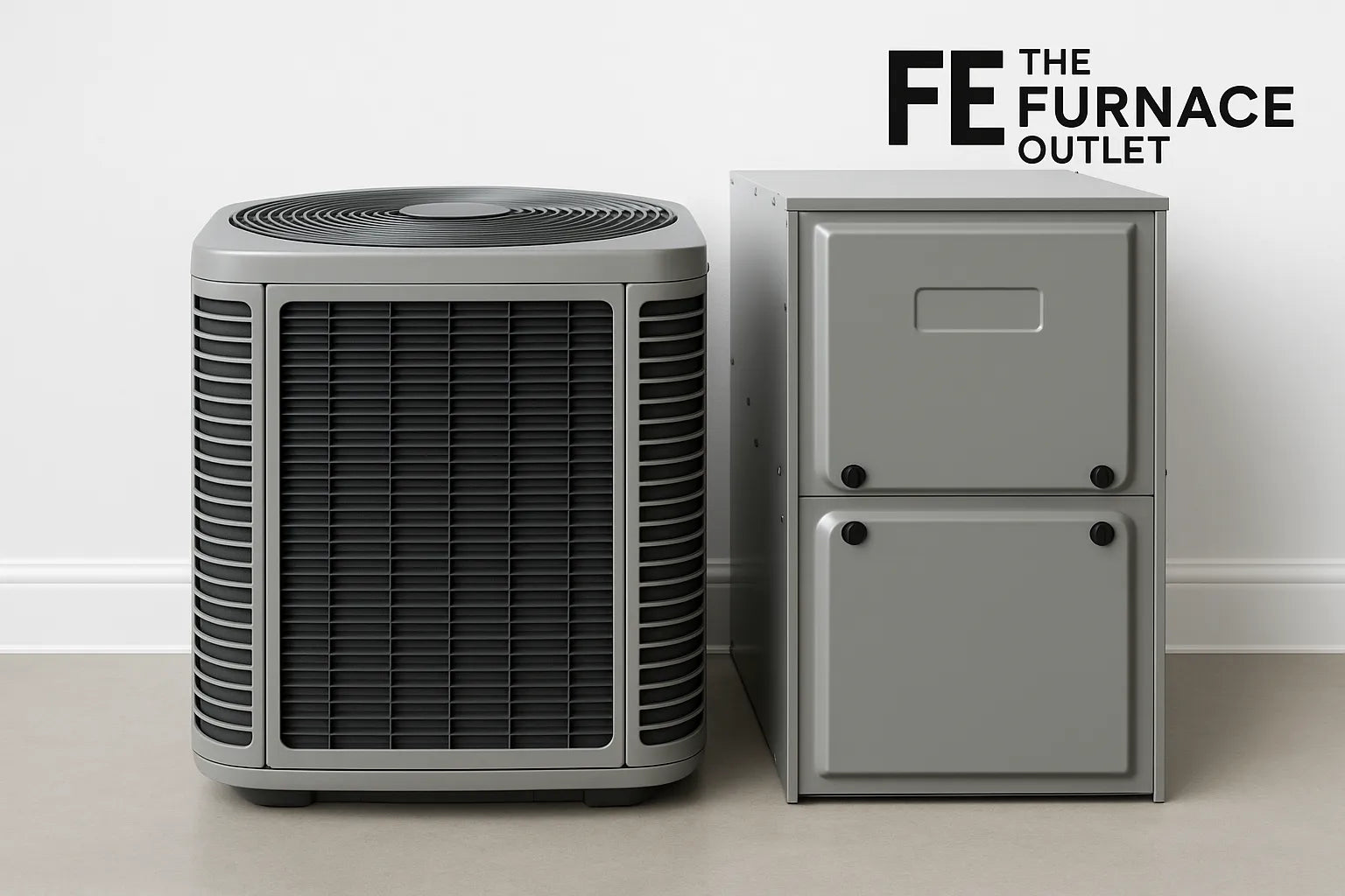 Central air condenser and furnace unit in a clean, well-lit room with The Furnace Outlet branding