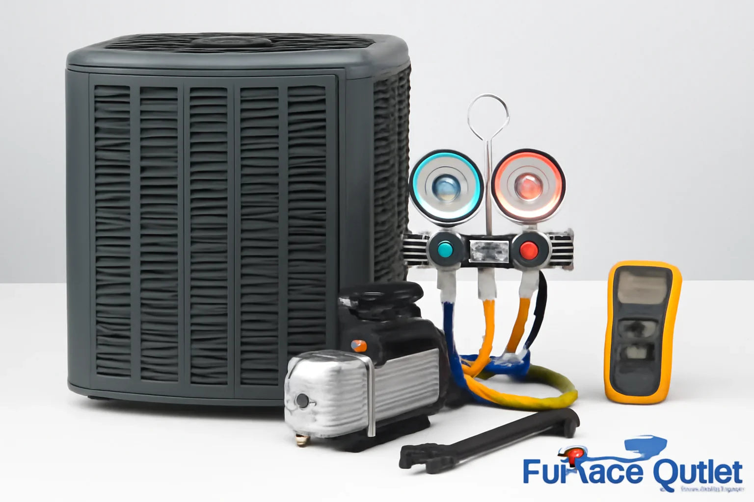 Central air conditioner with HVAC tools and The Furnace Outlet logo.