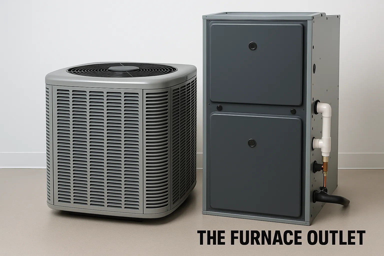 Central air conditioning and furnace units on a clean gray floor with “The Furnace Outlet” logo in the corner.