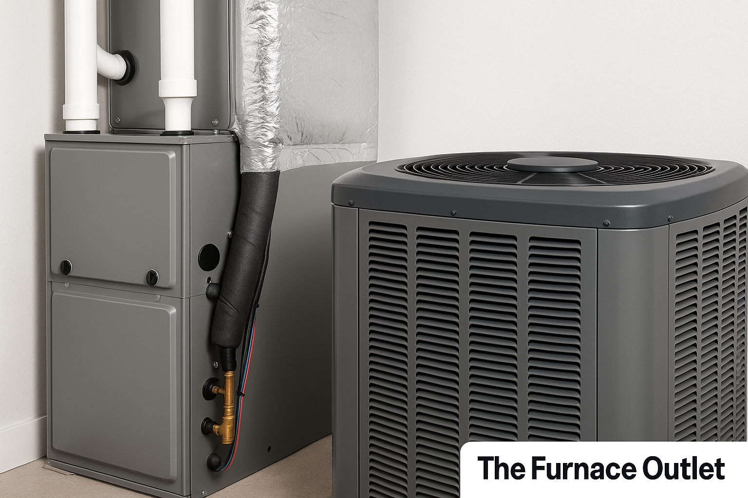Central air conditioning unit and furnace in a clean utility room.