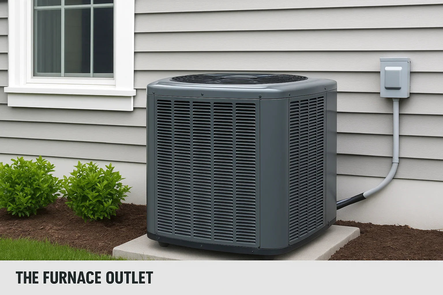 Central air conditioning unit installed outside a house with light gray siding and green shrubs nearby