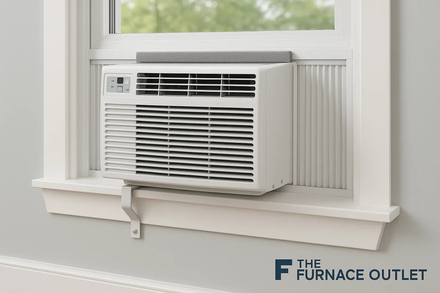 Window air conditioner installed securely in a double-hung window with proper support and sealing.