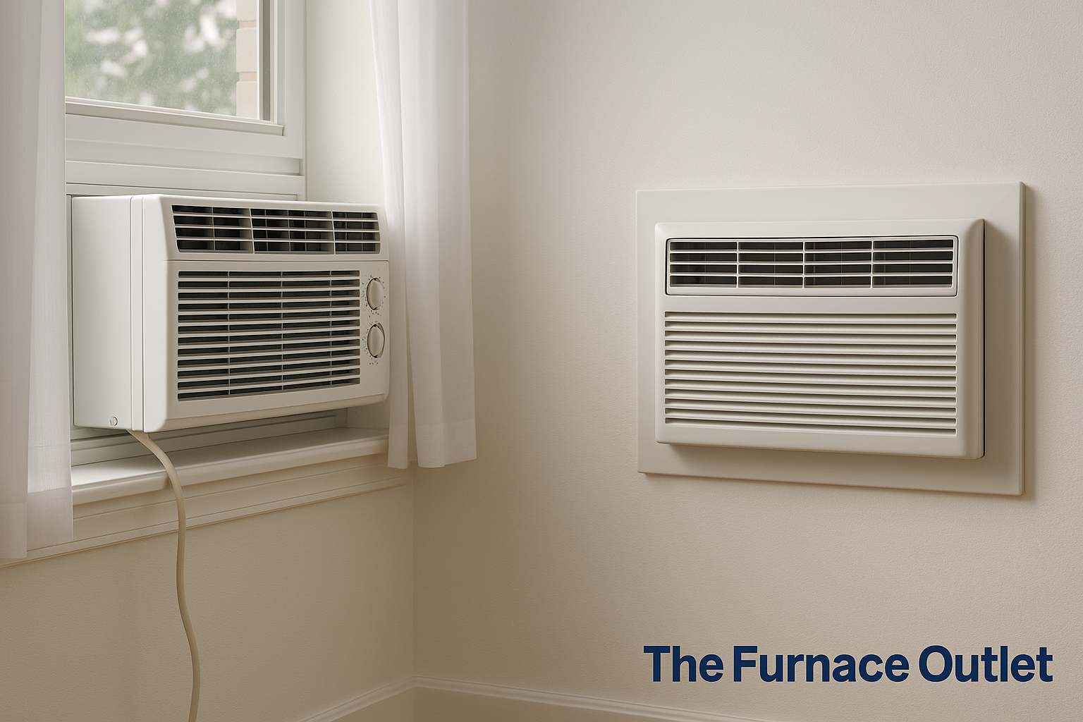 Window and wall air conditioners installed in a bright neutral room.
