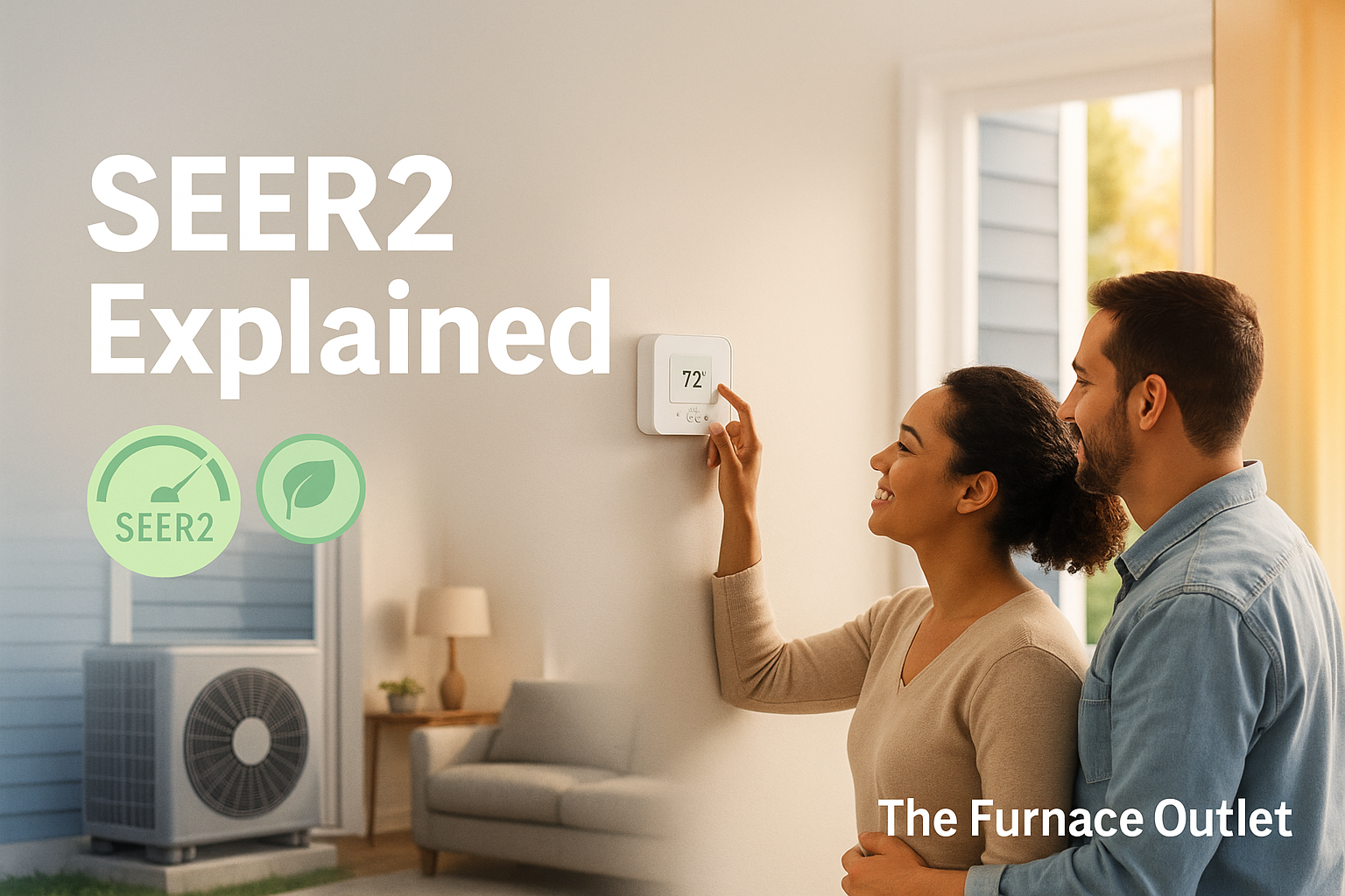 Homeowners adjust a thermostat in a sunlit living room with a visible outdoor heat pump, representing energy-efficient heating and cooling by The Furnace Outlet.
