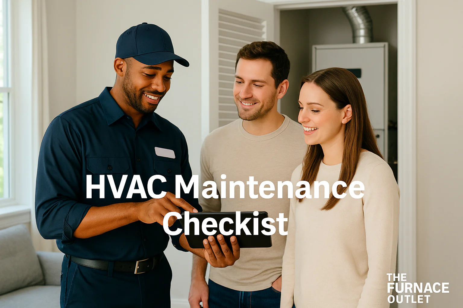 Homeowners consult with an HVAC technician using a tablet in a bright living room, furnace closet open behind them, illustrating The Furnace Outlet’s maintenance guidance.