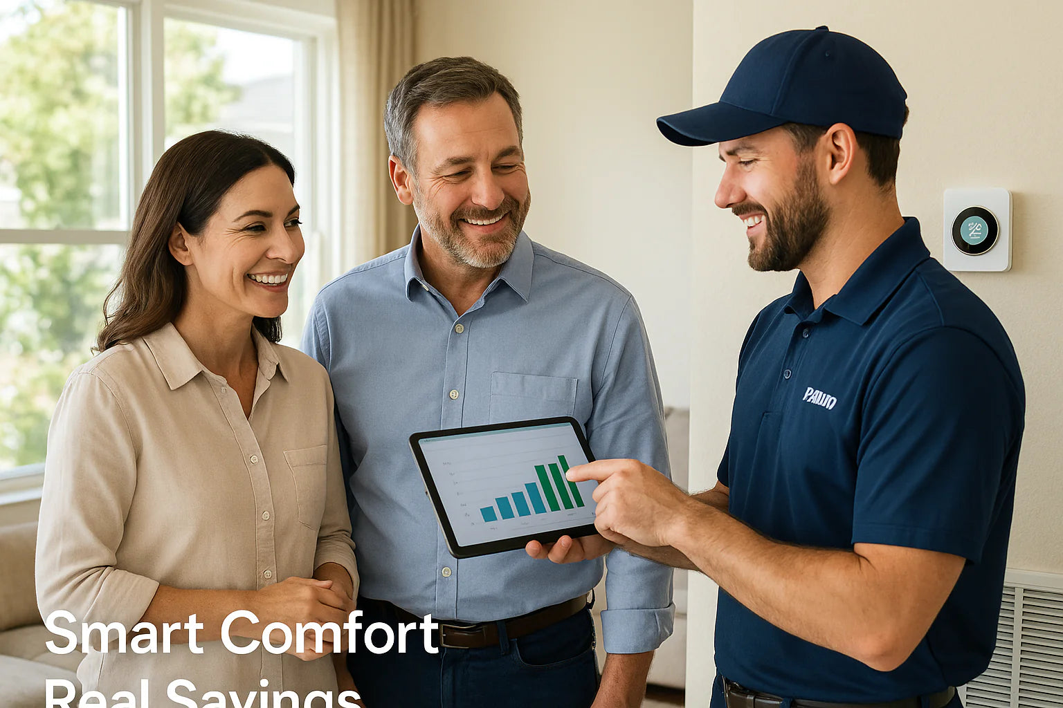 Friendly HVAC technician explains energy-saving options to smiling homeowners in a sun-lit living room.