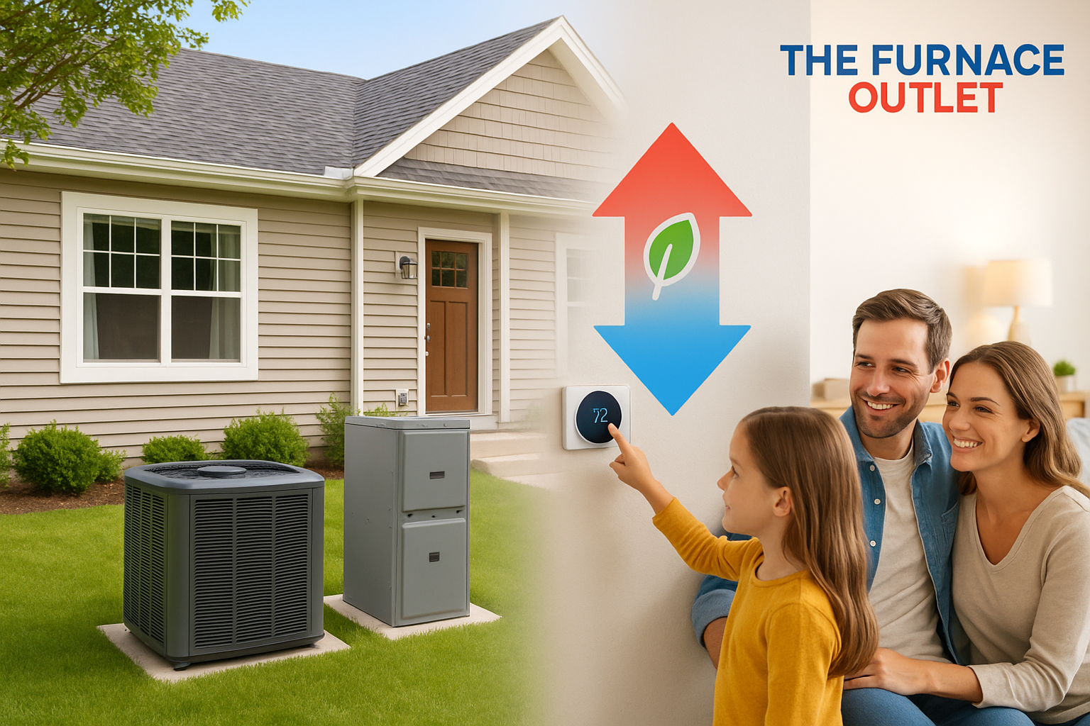 Suburban home with modern outdoor AC and furnace units alongside a smiling family adjusting a smart thermostat, illustrating energy-efficient comfort from The Furnace Outlet.