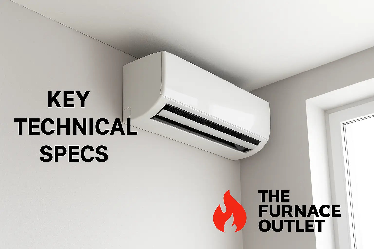 A sleek ductless mini-split AC unit mounted high on a wall near a window, with the words 'KEY TECHNICAL SPECS' and The Furnace Outlet logo overlaid.