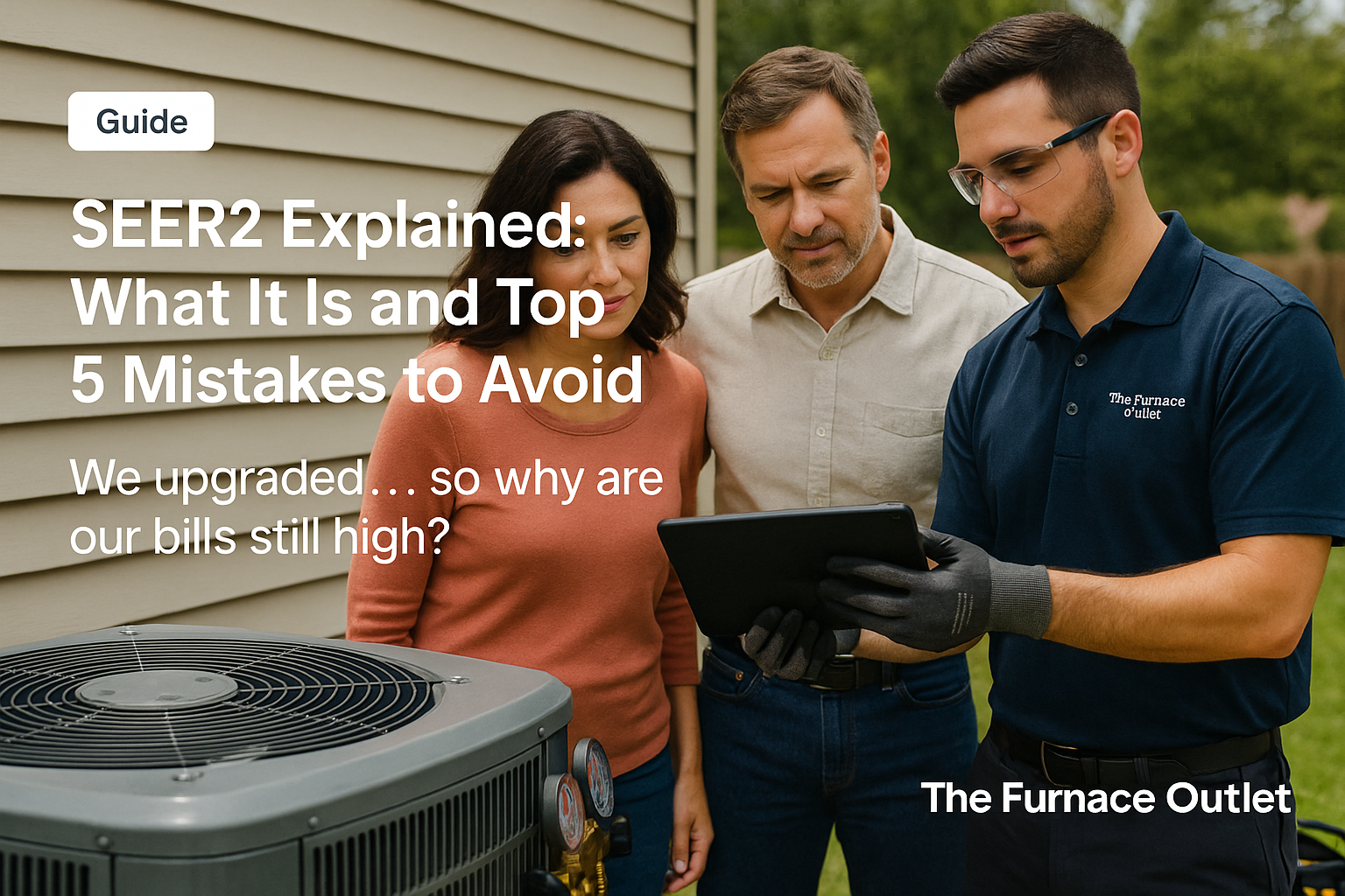 Homeowners review SEER2 upgrades with a friendly HVAC technician beside a backyard AC condenser in bright natural light for The Furnace Outlet (1200×800).