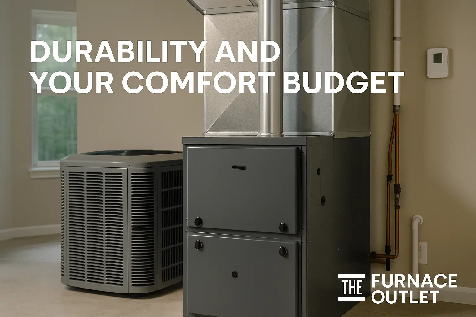 Clean HVAC system showing a modern furnace and AC unit in a residential setting, emphasizing durability and comfort.