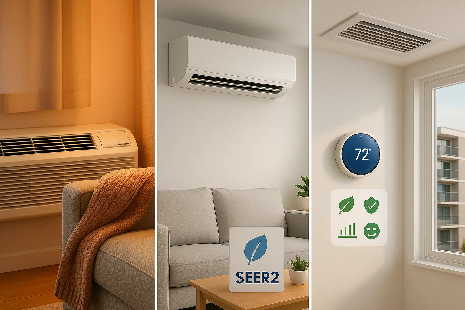 Clean triptych hero showing PTAC, ductless mini-split, and central duct vent with smart thermostat—visualizing energy-efficient, comfortable, reliable residential HVAC options.