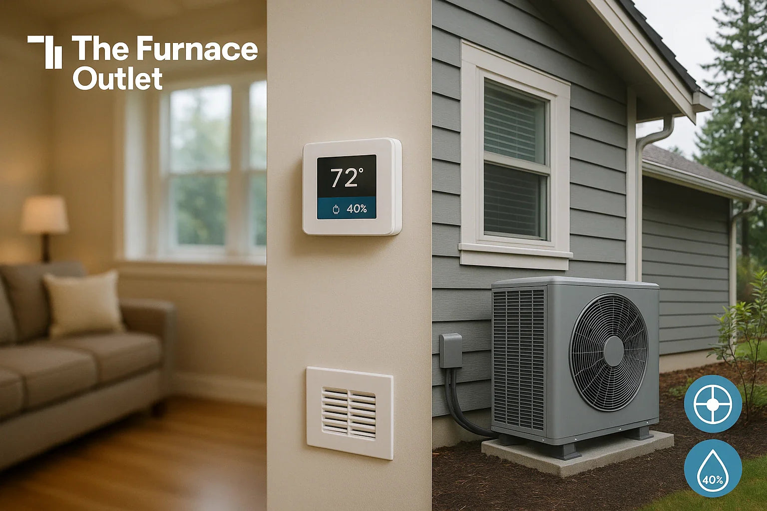 Climate Zone 4C home hero showing cozy living room, smart thermostat at 72°F40% RH, and efficient outdoor heat pump for year-round comfort.
