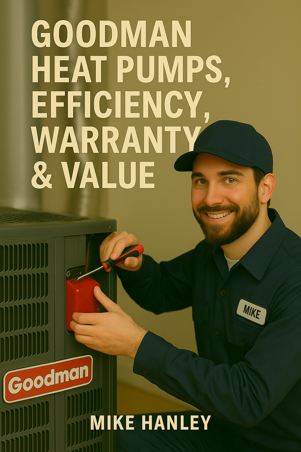 A HVAC specialist fixing a Goodman heat pump.