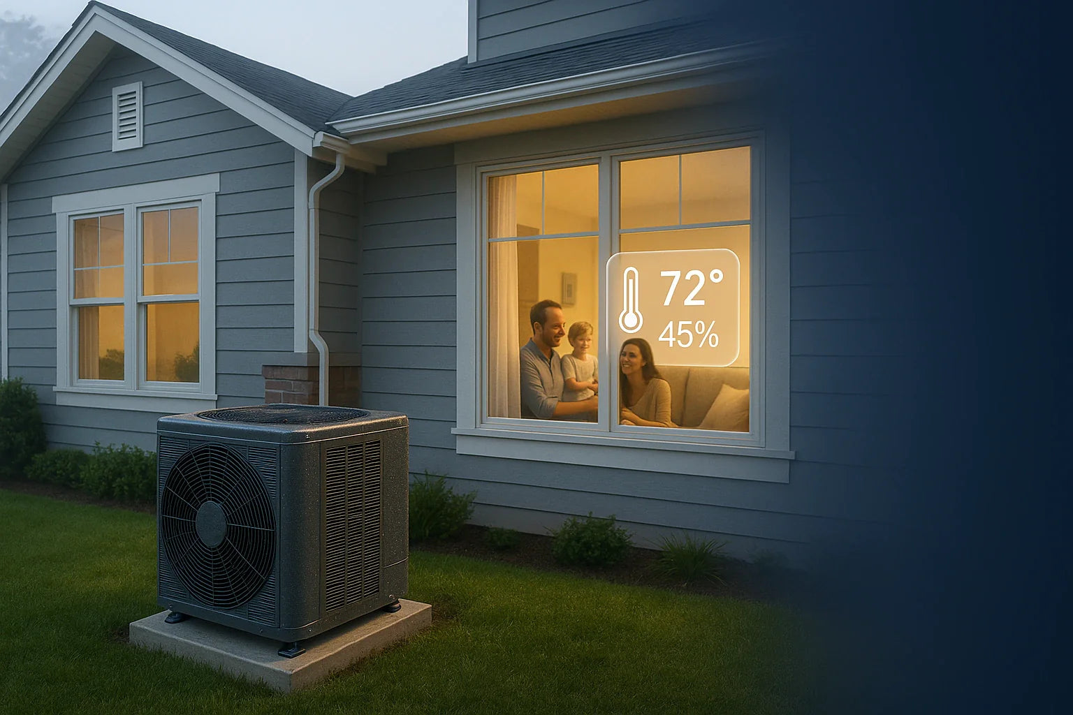Coastal suburban home with energy-efficient heat pump outside and a family relaxing inside, conveying reliable heating, cooling, and humidity control by The Furnace Outlet.