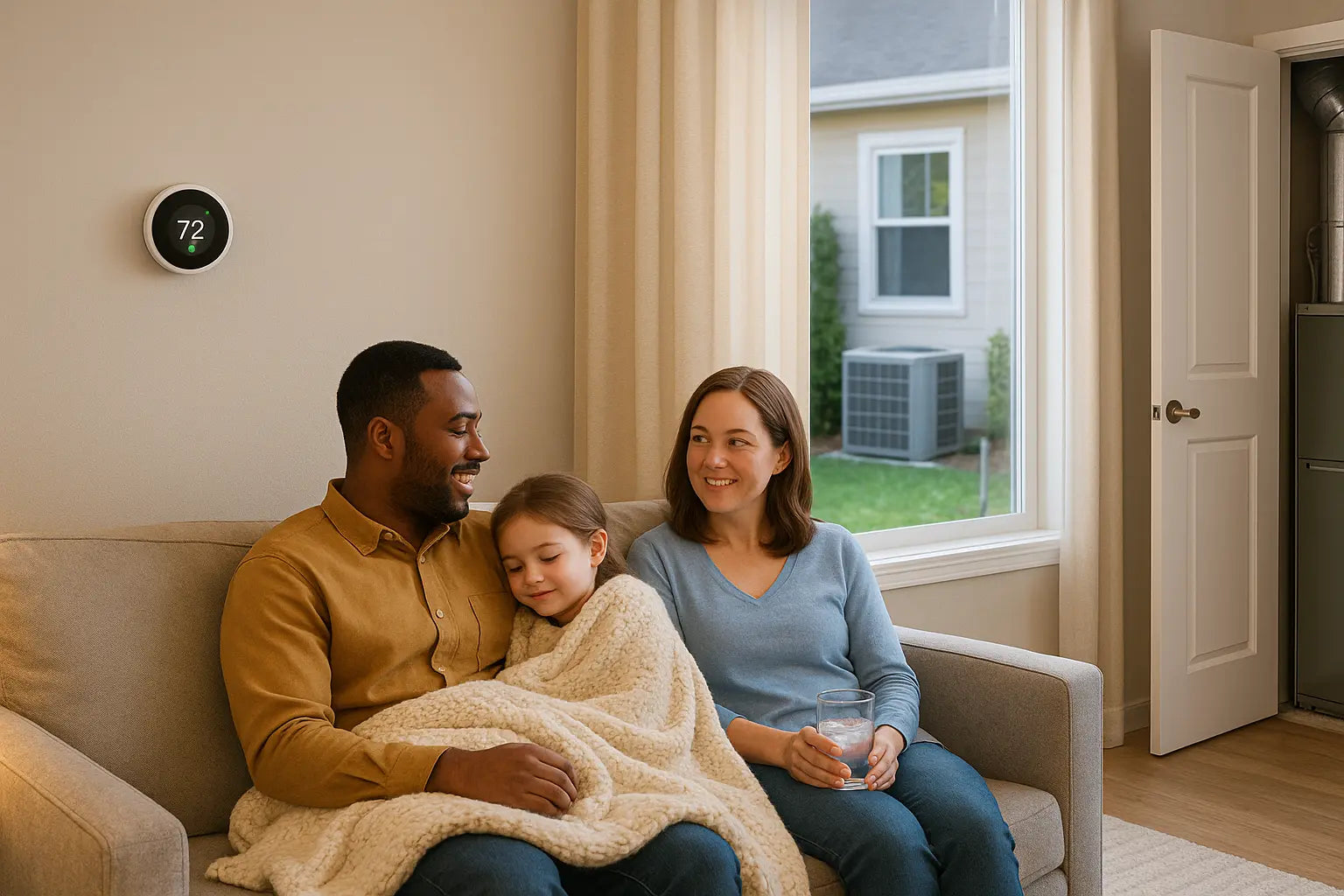 Comfortable U.S. family at home with smart thermostat, visible outdoor condenser, and furnace closet—showing energy-efficient heating and cooling.