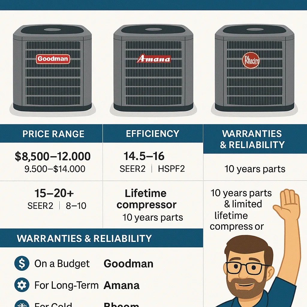 Comparing Top Brands Goodman vs. Amana vs. Rheem 5-Ton Heat Pumps