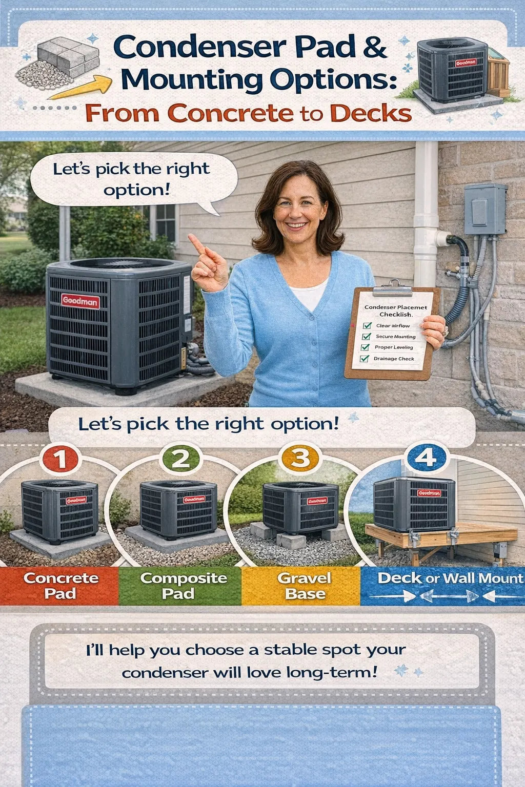 Condenser Pad & Mounting Options From Concrete to Decks