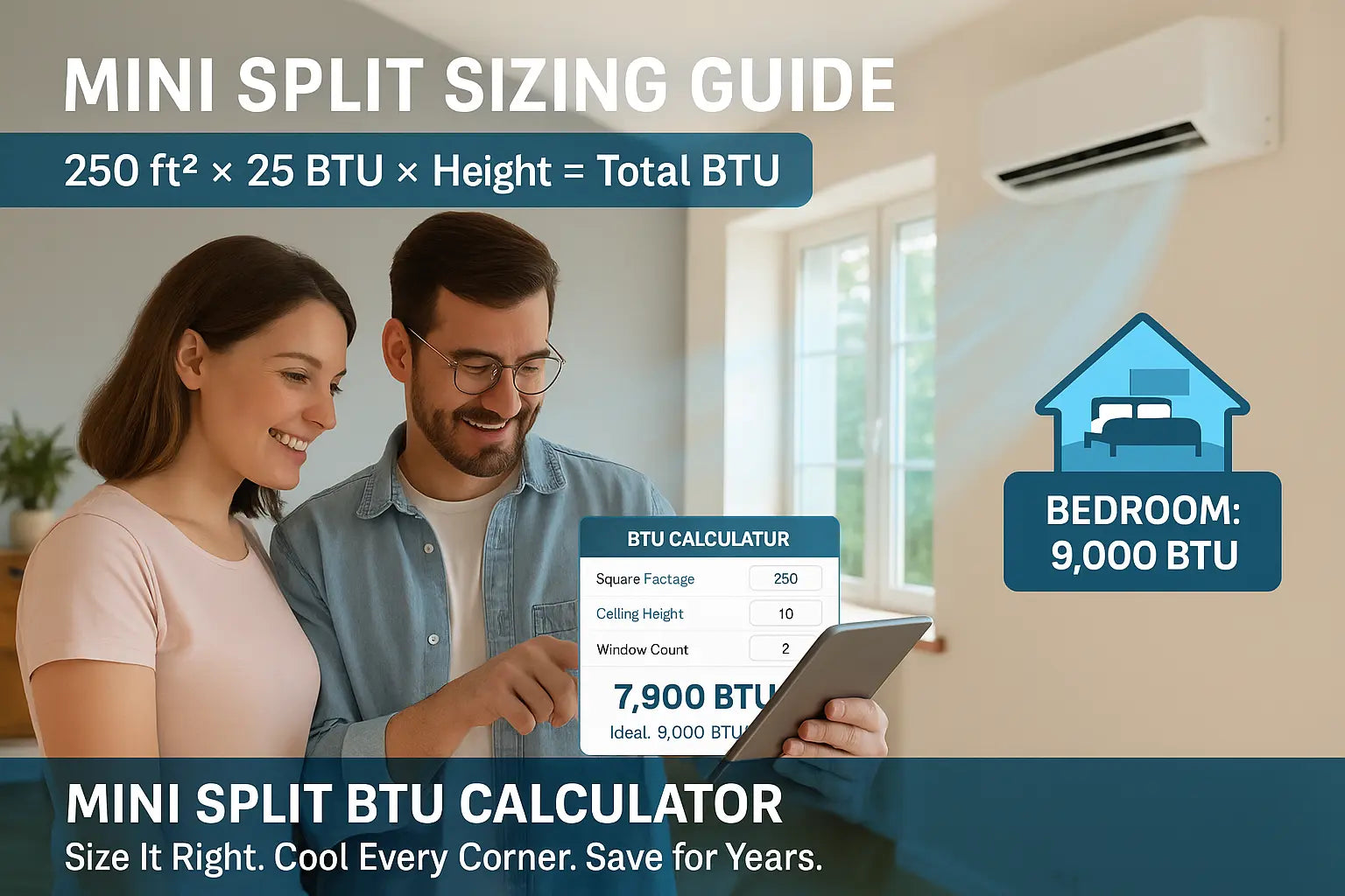 Couple uses mini split BTU calculator in a bright room with large windows and high ceiling to select proper indoor unit size
