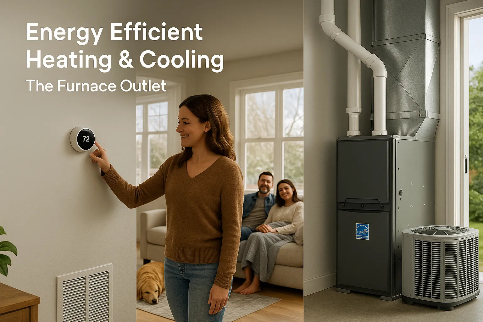 Cozy U.S. home scene with smart thermostat and high-efficiency furnace/AC, conveying energy-efficient, reliable comfort from The Furnace Outlet.