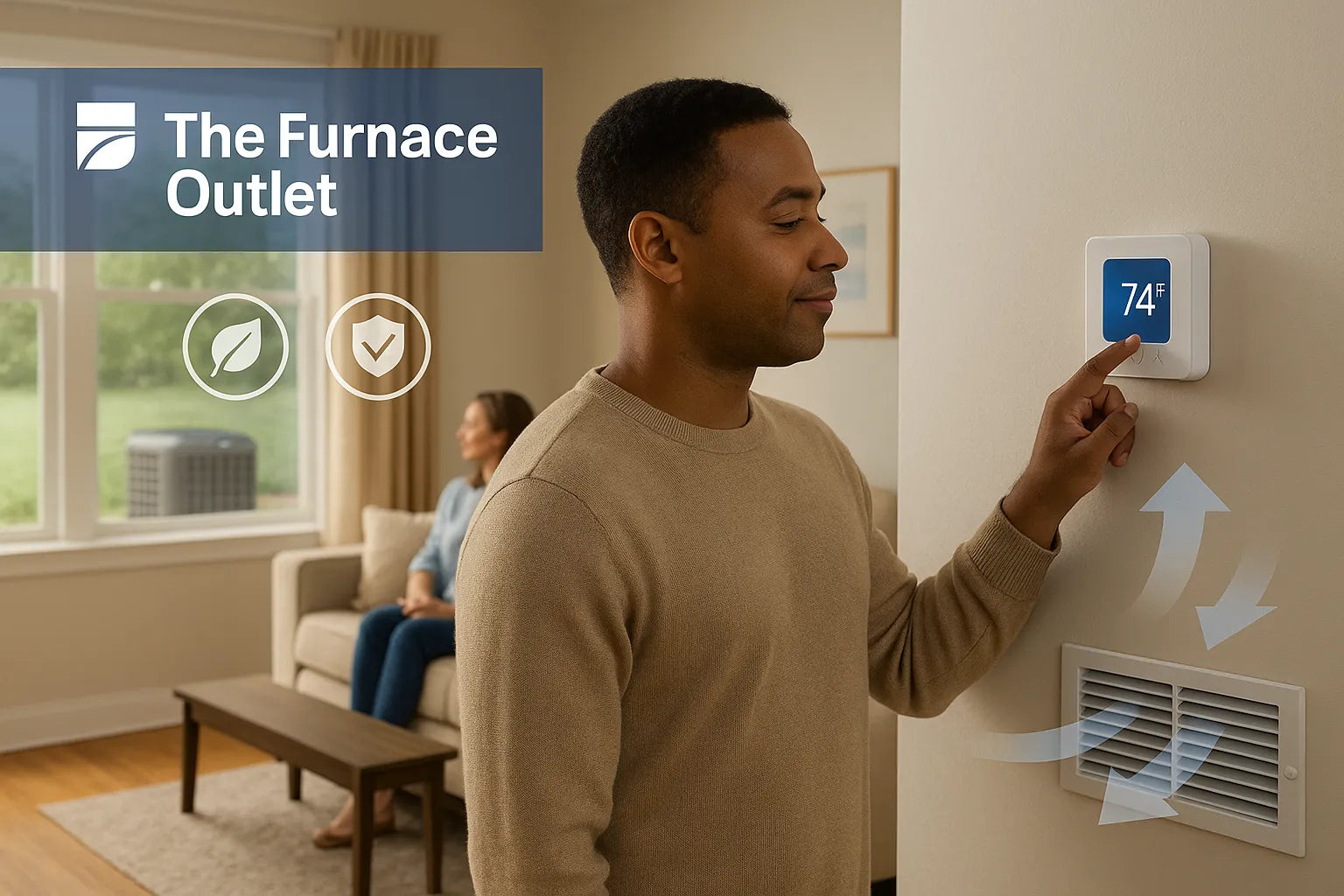 Cozy U.S. living room with homeowner adjusting a 74°F smart thermostat and visible return grille, conveying efficient, reliable heating and cooling by The Furnace Outlet.