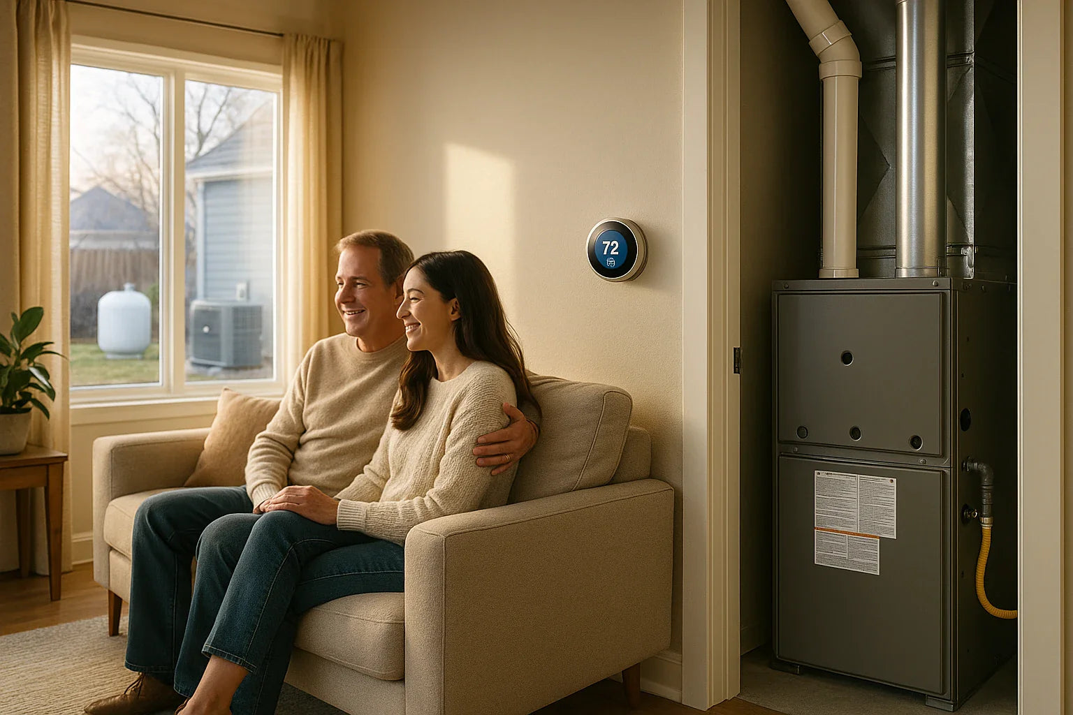 Cozy U.S. living room with smart thermostat, tidy furnace closet, and backyard AC propane tank conveying reliable, energy-efficient heating and cooling.
