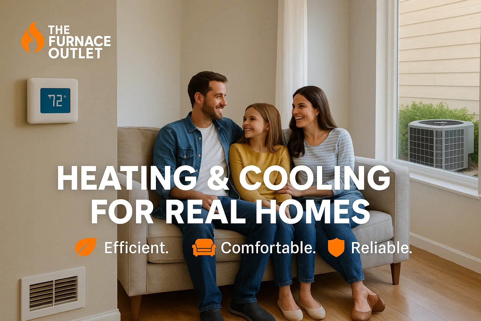 Cozy family in a bright living room with smart thermostat and outdoor AC unit visible, representing energy-efficient, reliable home heating and cooling by The Furnace Outlet.