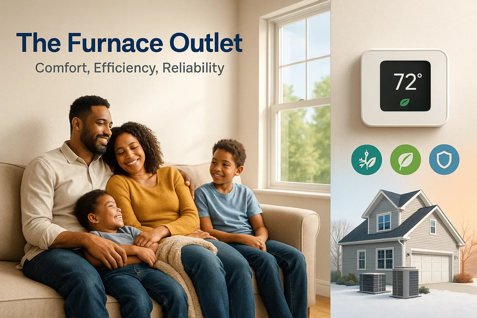 Cozy family living room with smart thermostat at 72°F, signaling efficient, reliable heating and cooling by The Furnace Outlet.
