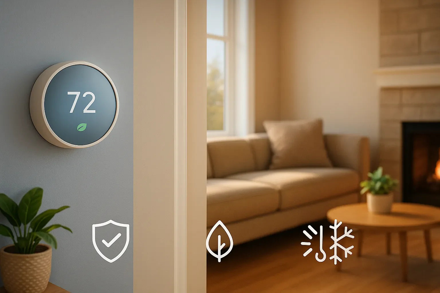 Cozy living room with smart thermostat at 72°F and energy-efficient outdoor condenser, conveying reliable heating and cooling.