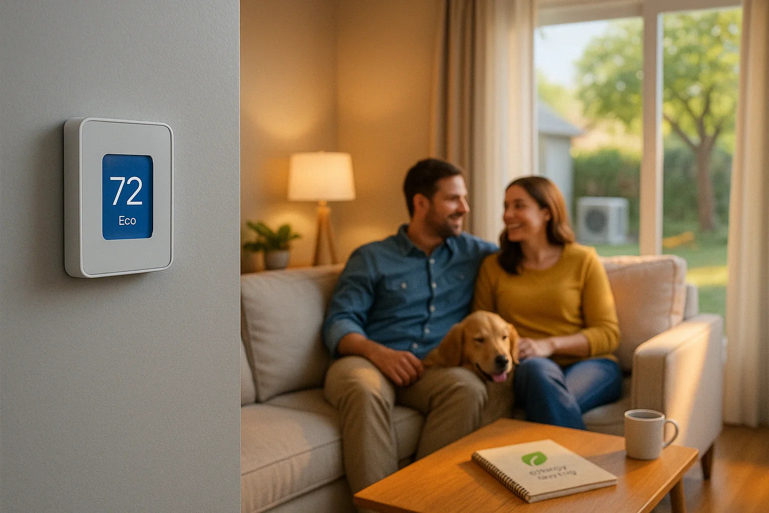 Cozy living room with smart thermostat set to 72°F and a visible outdoor unit, conveying energy-efficient, reliable home heating and cooling by The Furnace Outlet.
