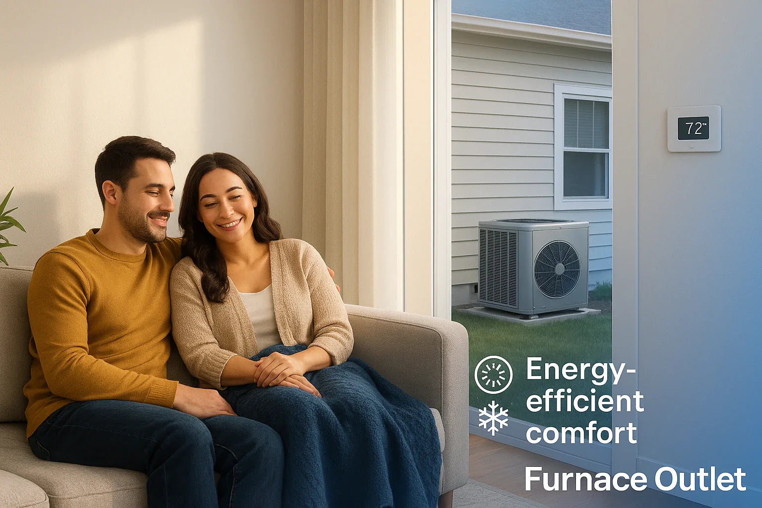 Cozy living room with thermostat at 72°F and a modern heat pump outside, conveying warm–cool comfort and energy-efficient reliability for The Furnace Outlet.