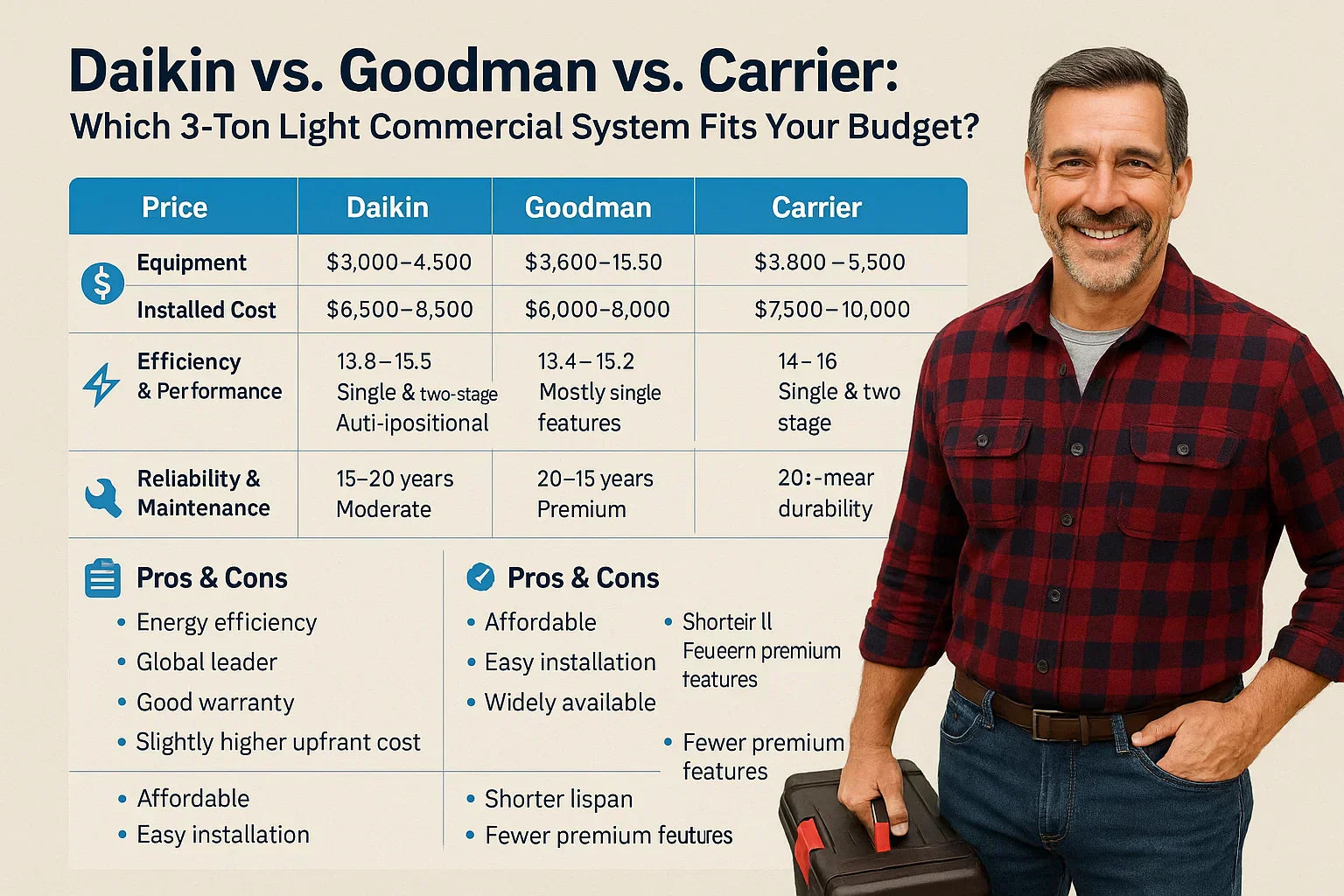 Daikin vs. Goodman vs. Carrier: Which 3-Ton Light Commercial System Fits Your Budget?