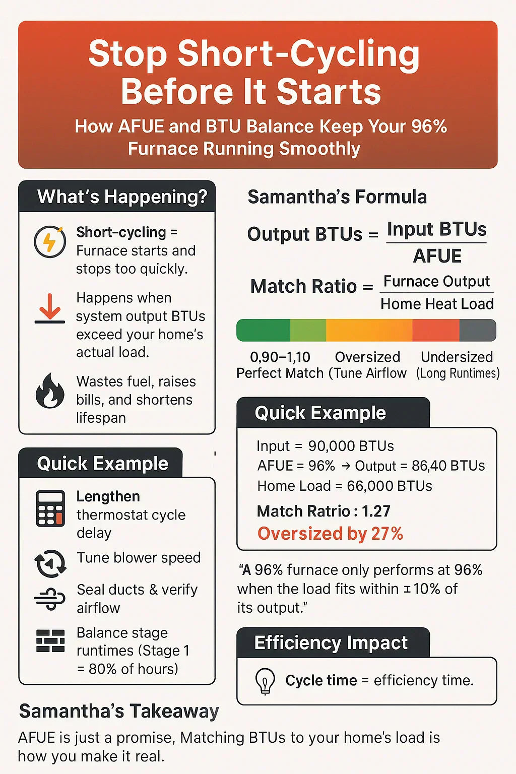 Don’t Let Your Furnace Short-Cycle: Samantha’s AFUE-to-BTU Matching Formula for 96% Systems