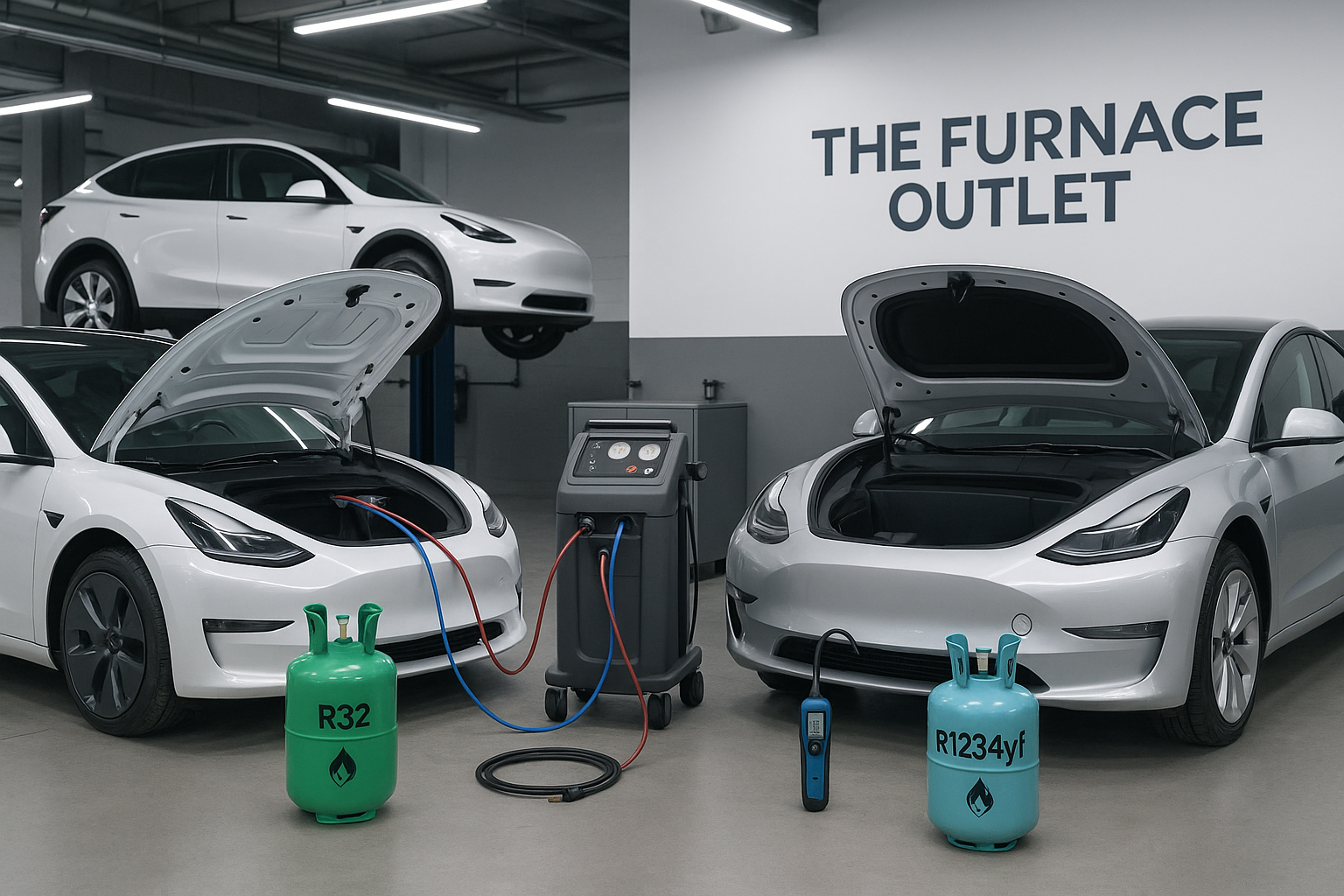 Modern electric vehicle with glowing air conditioning lines symbolizing A2L refrigerant use and efficiency.