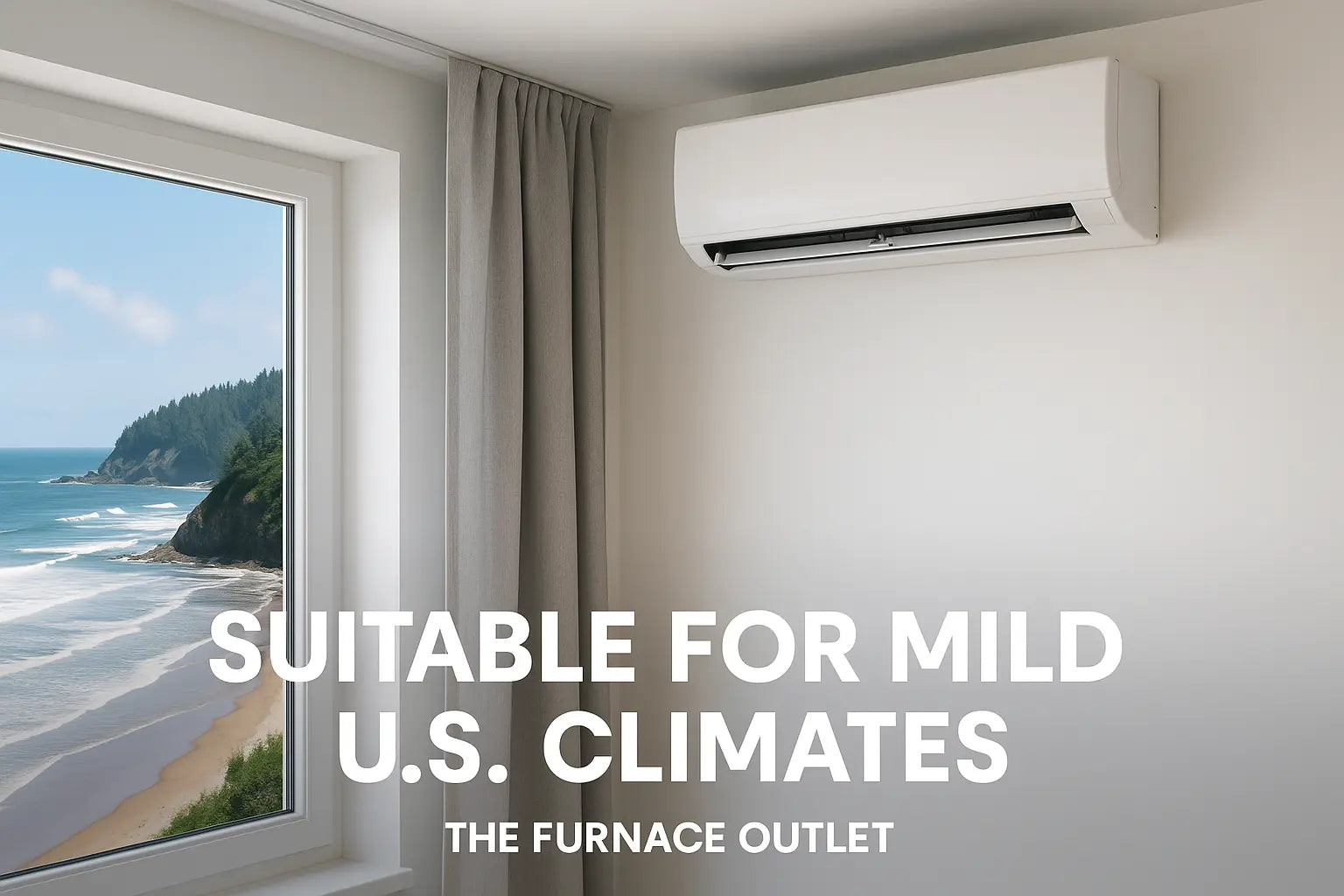 Ductless mini-split system installed indoors with a coastal view through the window, illustrating suitability for mild U.S. climates.