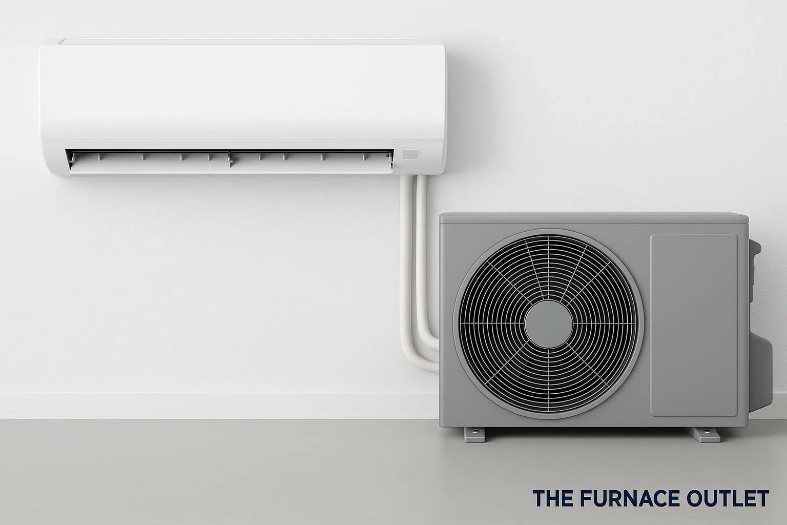 Ductless mini split indoor and outdoor units installed on a clean white wall