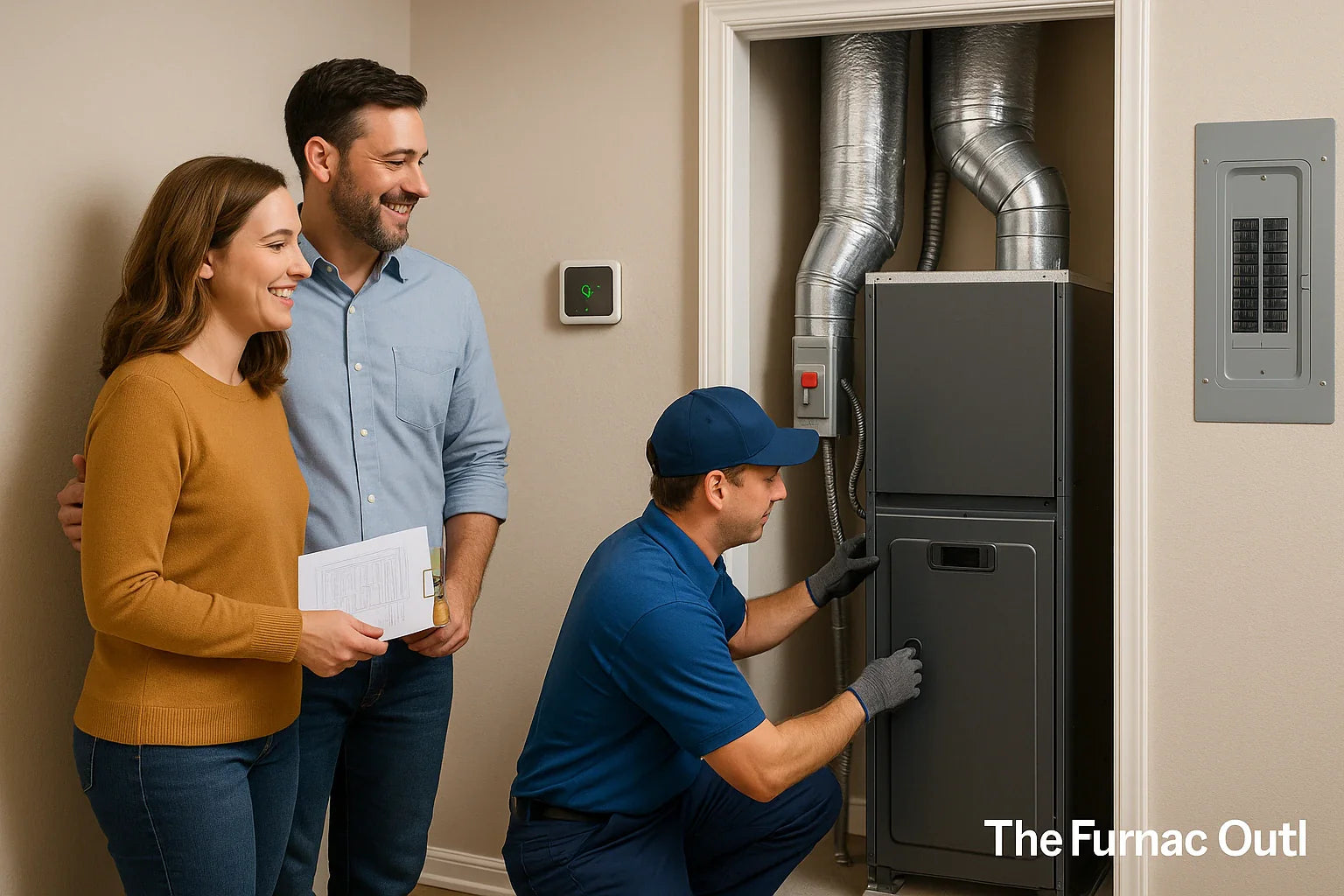 Electric furnace install in a modern U.S. home with technician, happy homeowners, smart thermostat, and labeled 240V disconnect.