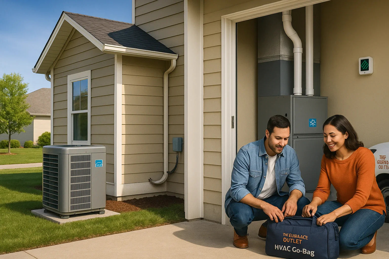 Energy-efficient home HVAC scene with heat pump, furnace, and homeowners prepping a labeled “HVAC Go-Bag” for The Furnace Outlet.