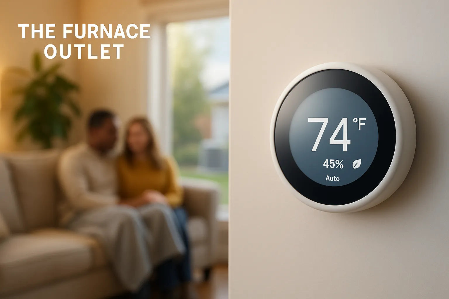 Energy-efficient home comfort hero smart thermostat set to 74°F and 45% RH in a cozy U.S. living room for The Furnace Outlet.
