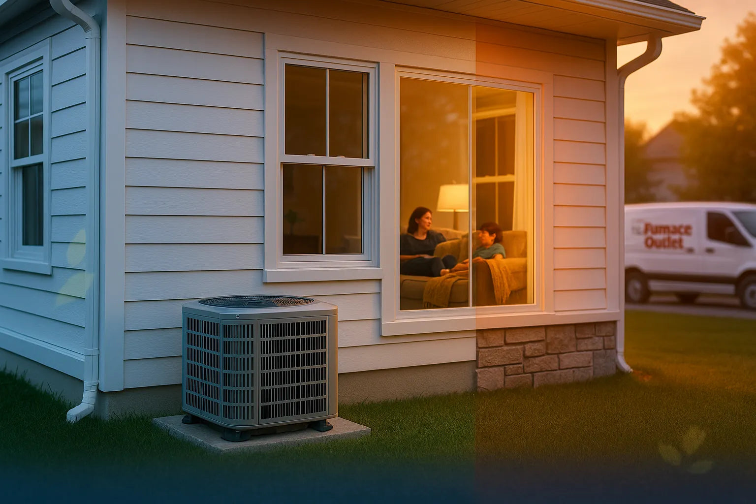 Energy-efficient suburban home with modern outdoor heat pump and warm-cool split lighting, conveying year-round comfort and reliability for The Furnace Outlet.