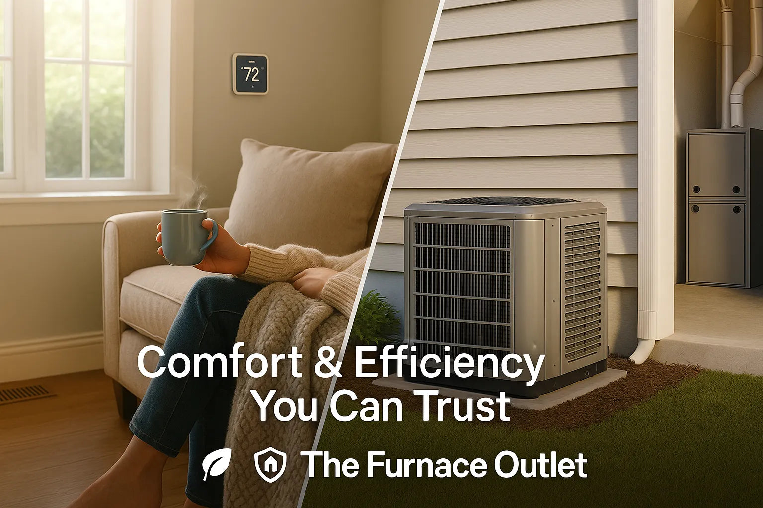 Energy-efficient suburban home with modern outdoor heat pump and warm-cool split lighting, conveying year-round comfort and reliability for The Furnace Outlet.