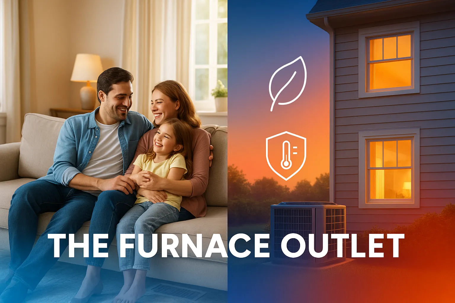 Family enjoying a cozy living room beside an outdoor AC unit, symbolizing The Furnace Outlet’s energy‑efficient heating and cooling