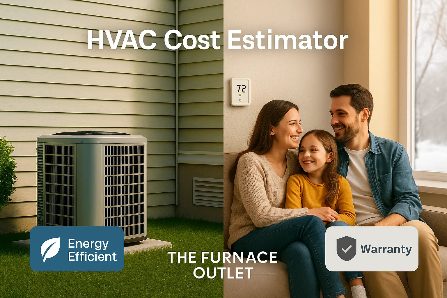  Family in a cozy U.S. home beside a smart thermostat and outdoor AC unit, representing energy-efficient heating and cooling by The Furnace Outlet.