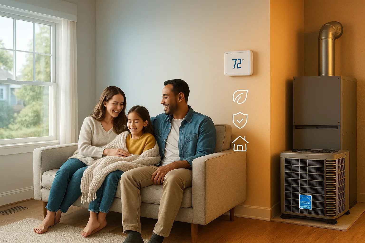 Family in a cozy U.S. living room with smart thermostat and high-efficiency HVAC units, conveying reliable, energy-efficient heating and cooling.